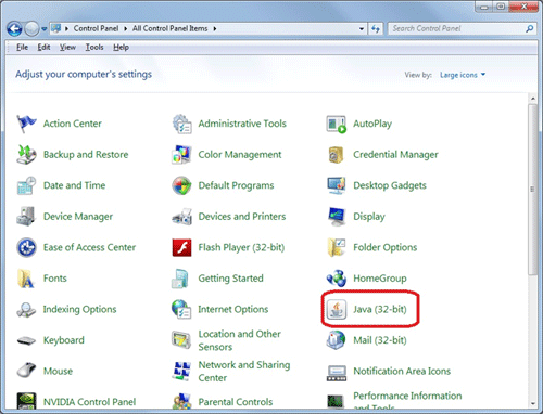 Windows 7 Control Panel, Java